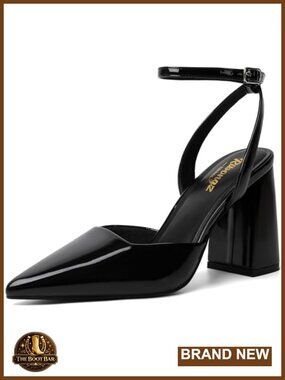 Block Heels Pointed Toe Slingback Chunky High Heel Ankle Strap Pumps Faux